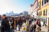 Venice, Italy- February 8, 2015: Crowd of tourists on St. Mark's square-Venice, Italy.